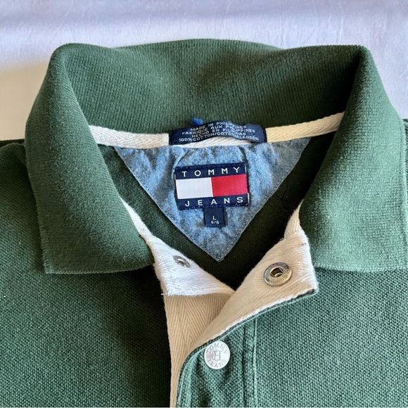 VINTAGE Tommy Jeans Hilfiger Green Polo Shirt Men’s Large Snap Button Flag Logo - Picture 3 of 7
